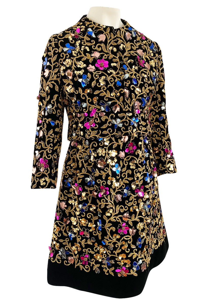 1960s Arnold Scaasi Couture Gold Cording, Beading & Metallic Applique Dress Jacket Set
