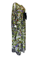 1970s Lanvin Floral Printed Fluid Jersey Ribbon Front Caftan Dress