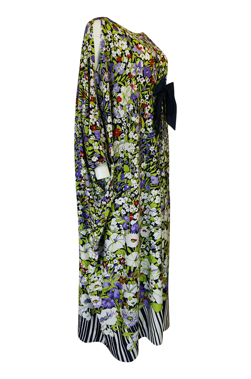1970s Lanvin Floral Printed Fluid Jersey Ribbon Front Caftan Dress