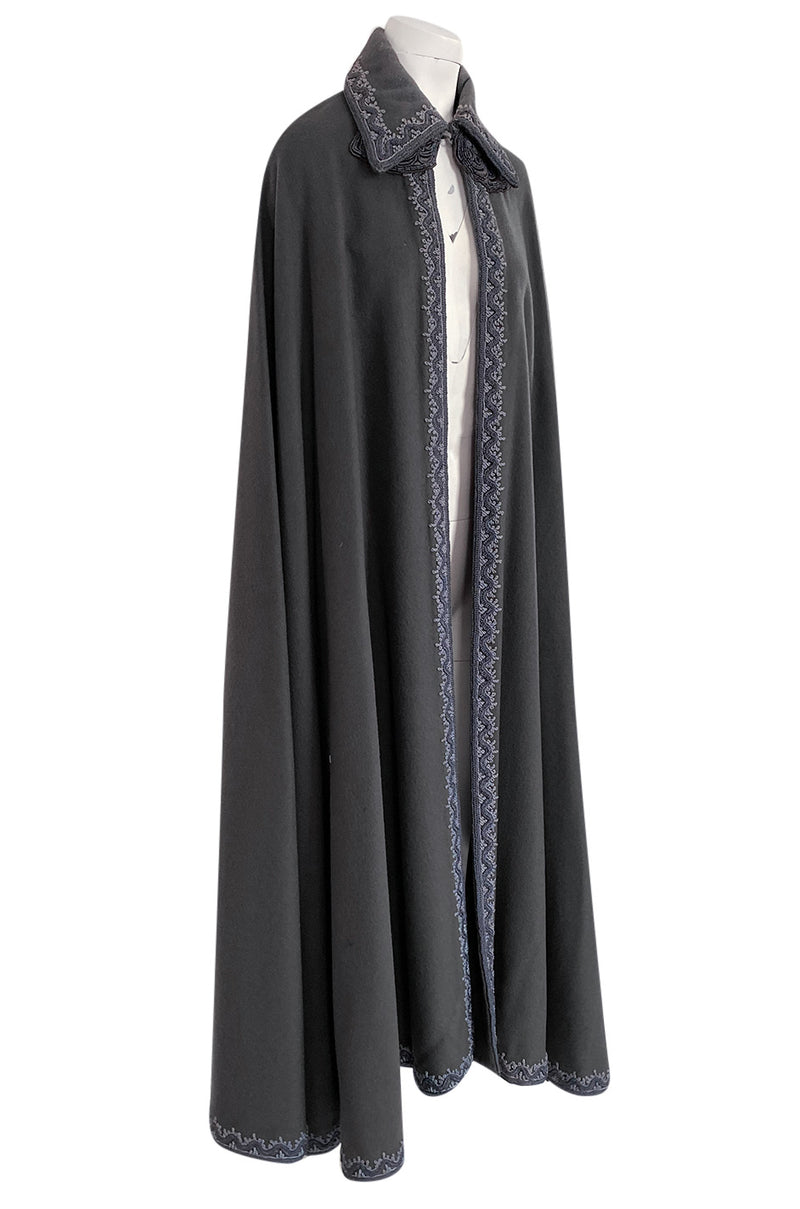 Wonderful 1970s Grey Full Length Wool Cape w Elaborate Braided Edge Detail