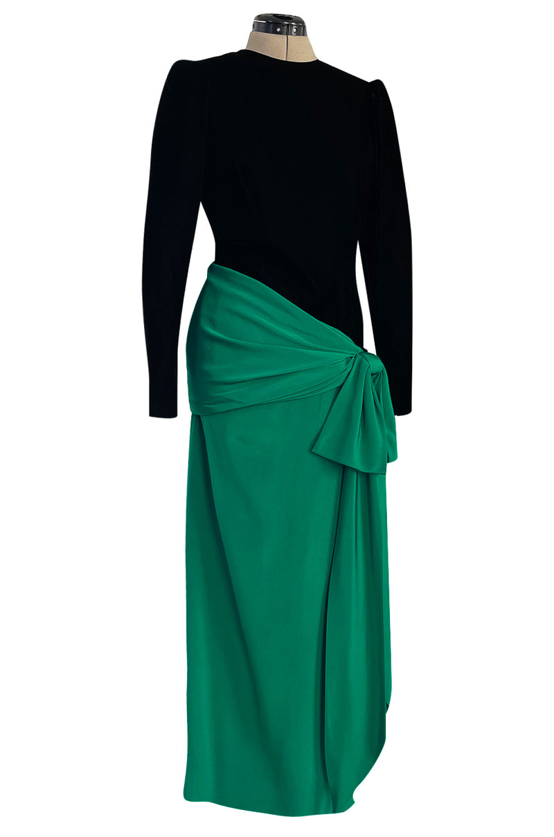 Fall 1983 Ady Couture Lausanne for Yves Saint Laurent Silk Black Velvet Bodice Dress w Emerald Green Silk Skirt