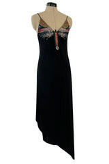 Late 1970s Stephen Burrows Hand Beaded Asymmetrical Hem Jersey Dress