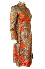 Unusual 1960s Bill Blass Open Panel Gold & Coral Metallic Coat