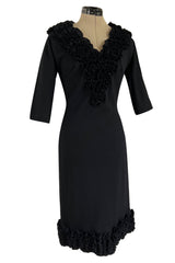 Fabulous Little Late 1950s Unlabeled Black Wool Jersey Ruffled Hem & Collar Dress