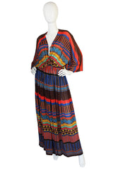1970s Gottex Plunging Striped Wrap Caftan Dress