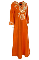 1960s Hand Applied Cord & Mirror Detailed Orange Cotton Caftan Dress