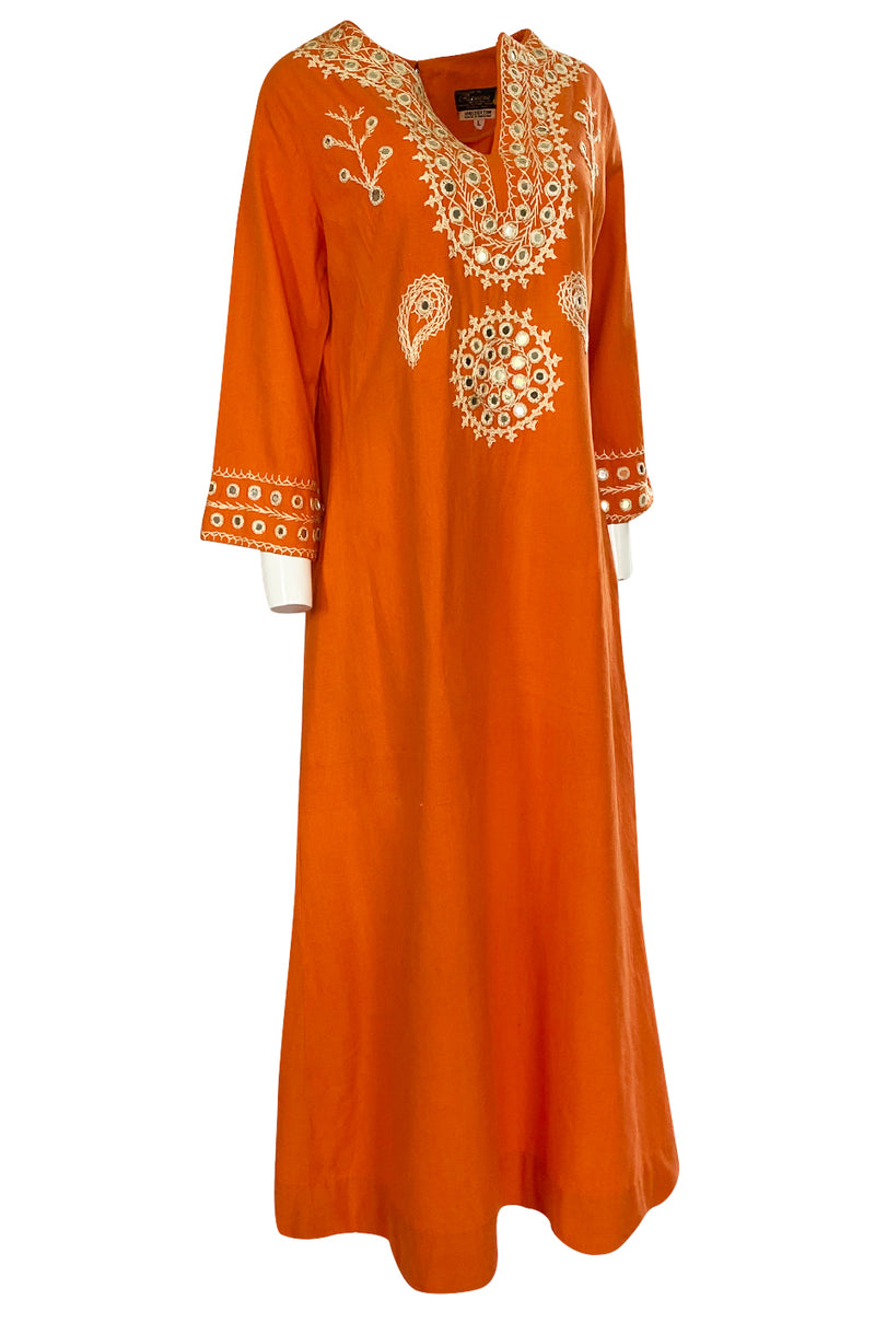1960s Hand Applied Cord & Mirror Detailed Orange Cotton Caftan Dress