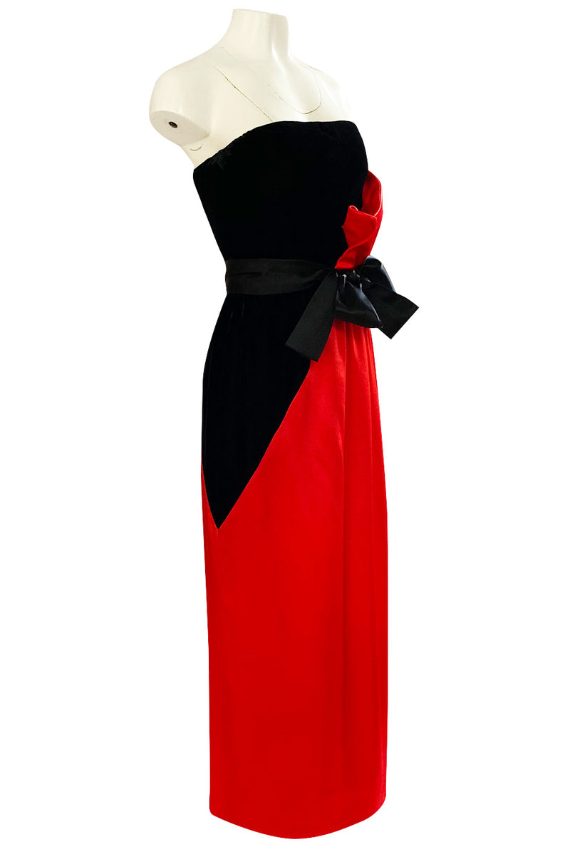 Dramatic 1970s Bill Blass Red Silk & Black Velvet Strapless 'Flame' Dress