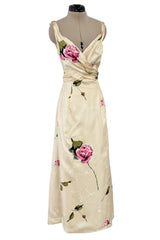 Gorgeous 1940s Unlabeled Ivory Silk Twill Dress w Painted & Appliqued Rose Print