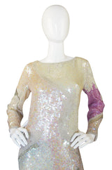 1983 Pink & Cream Halston Sequin Sheath Dress