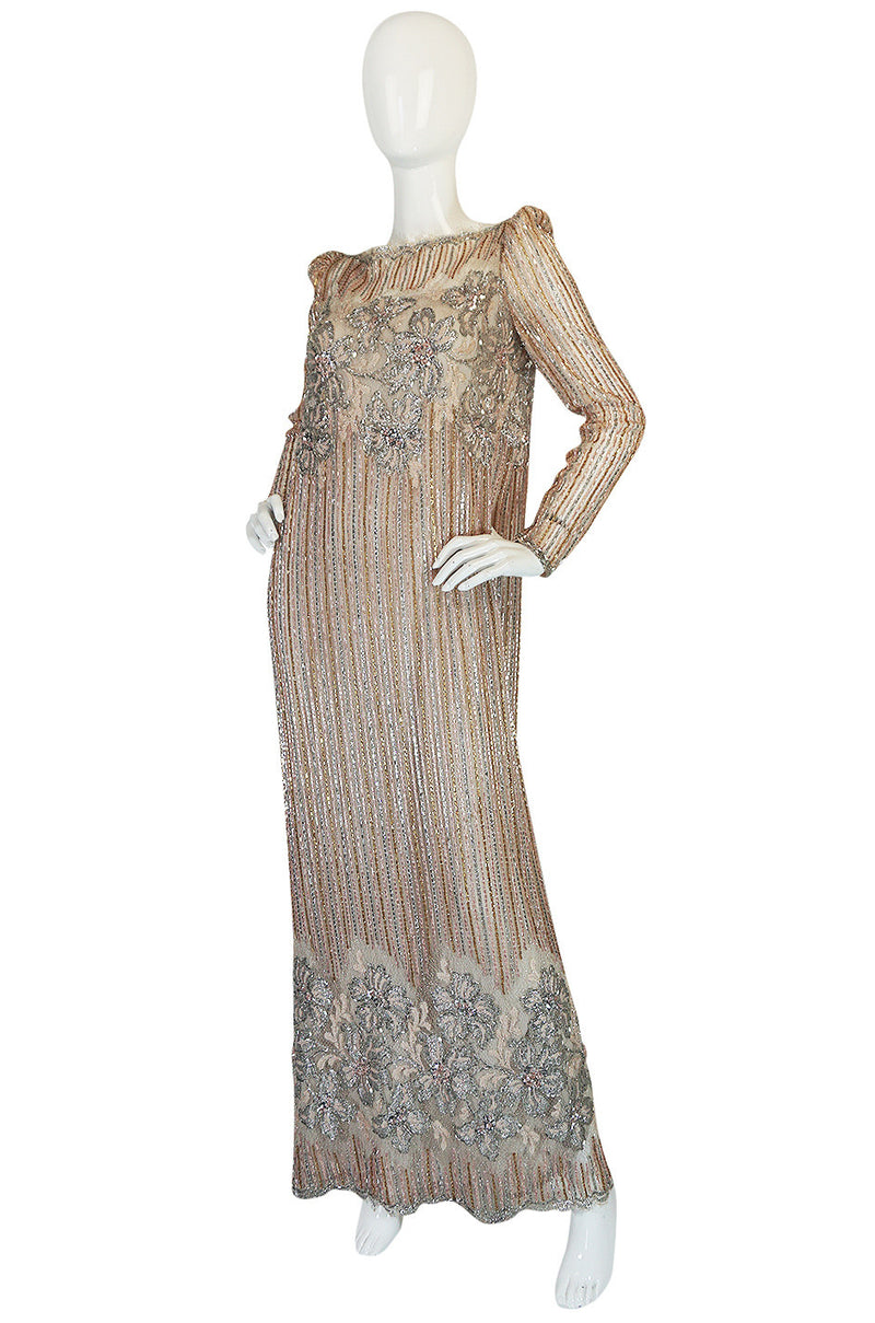 1980s Fernando Pena Gold & Pink Bead Sequin & Net Dress