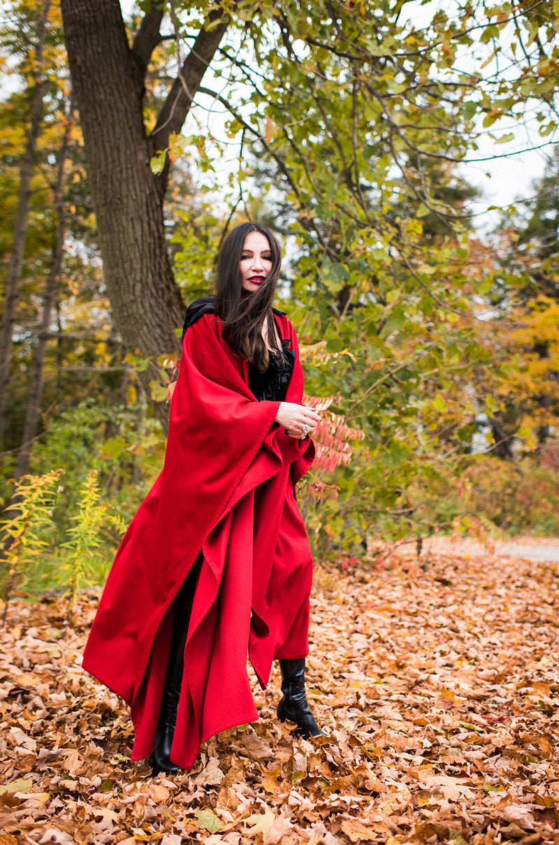 1970s-1980s Yves Saint Laurent Red Wool Cape w Black Velvet Hood