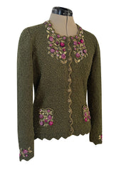 Prettiest 1980s Wolkenstricker Moss Green Colour Hand Knit Cardigan Sweater w Pink Floral Details