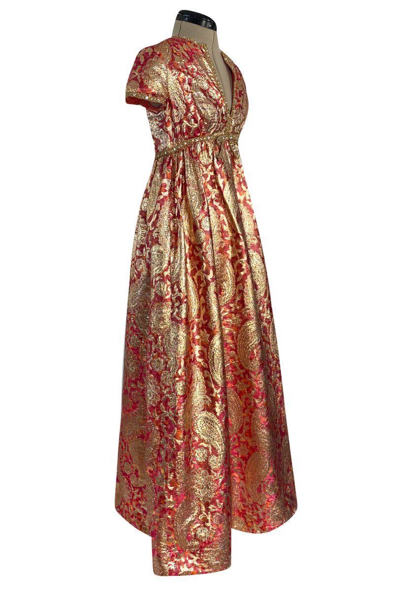 Stunning 1960s Malcolm Starr Light Silk Brocade Coral Red & Gold Metal Shrimpton Couture Stunning 1960s Malcolm Starr Light Silk Brocade Coral Red & Gold Metal Shrimpton Couture
