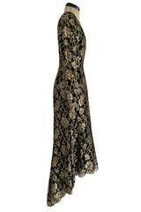 Exceptional Fall 1986 Chanel by Karl Lagerfeld Runway Metallic Gold Thread on Black Silk Net Dress