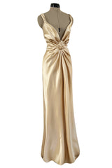Iconic Fall 1980 John Anthony Couture Plunge Front Gold Silk Charmeuse Halter Dress w Bare Back