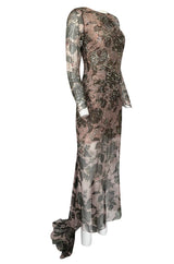 1980s Oscar de la Renta Sequin Detailed Trained Floral Silk Chiffon Dress