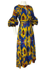 Recent Zazi Handmade Vintage Ikat Silk Blue & Gold Caftan Dress