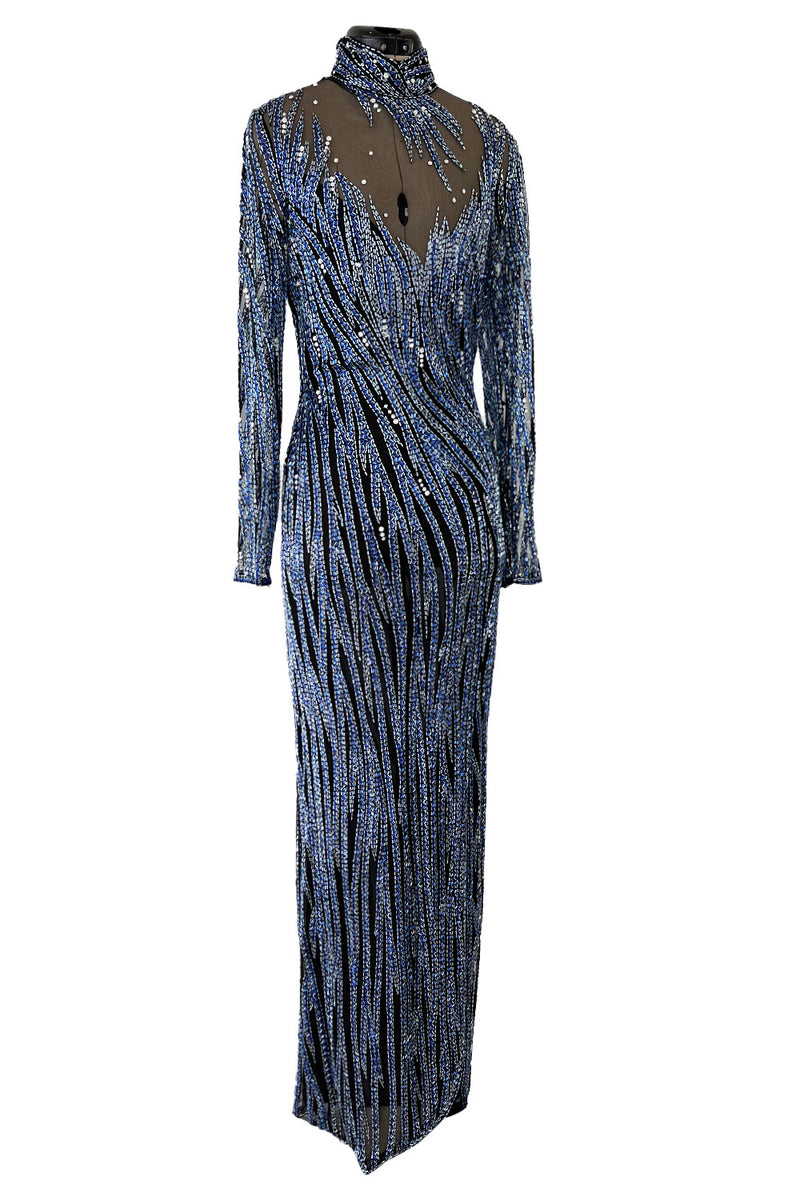 Incredible 1980s Bob Mackie Blue & Silver Beaded & Sequin Dress on Black Net