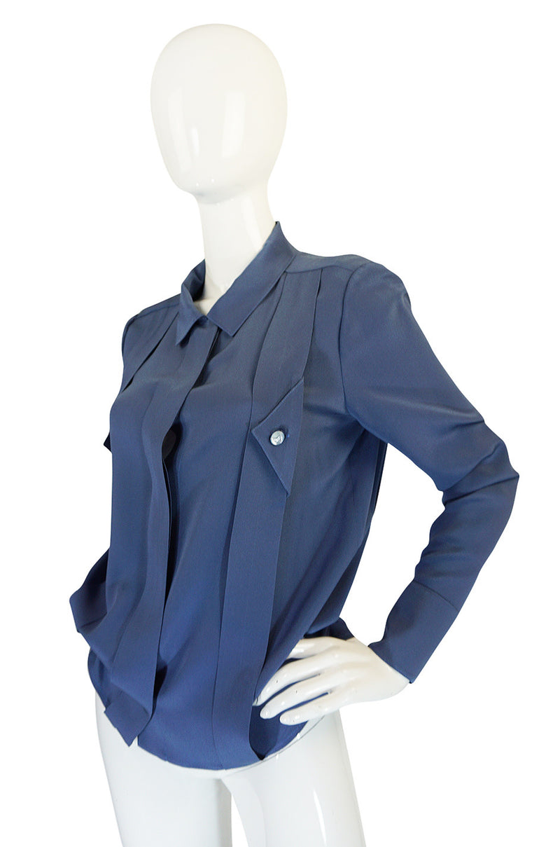 1980s Karl Lagerfeld Blue Silk Button Front Top
