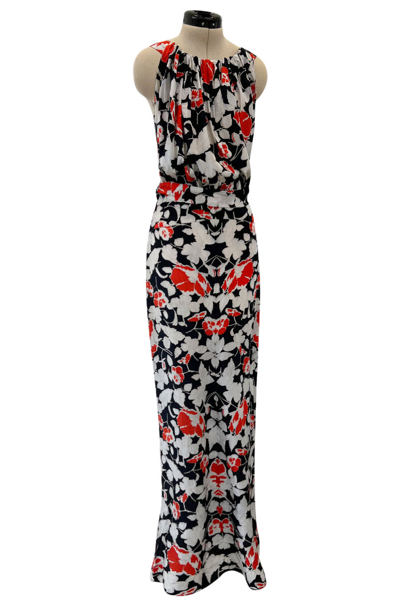 Stunning 1930s Coral, Black & Pale Grey Floral Silk Print Bias Cut Backless Dress