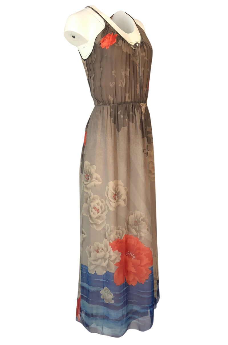 1970s Hanae Mori Sunrise & Large Floral Print Silk Chiffon Halter Dress