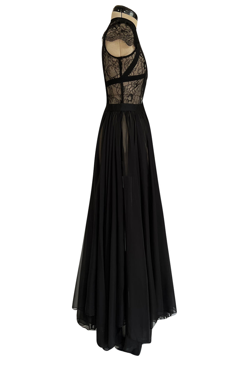 Gorgeous 2000s Valentino Roma Sheer Black Chiffon & Banded Lace Bodice Dress