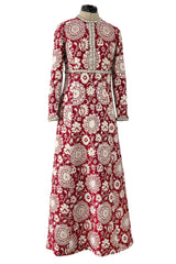 Stunning 1970s Adele Simpson Red & Gold Brocade Dress w Rhinestone Detailing