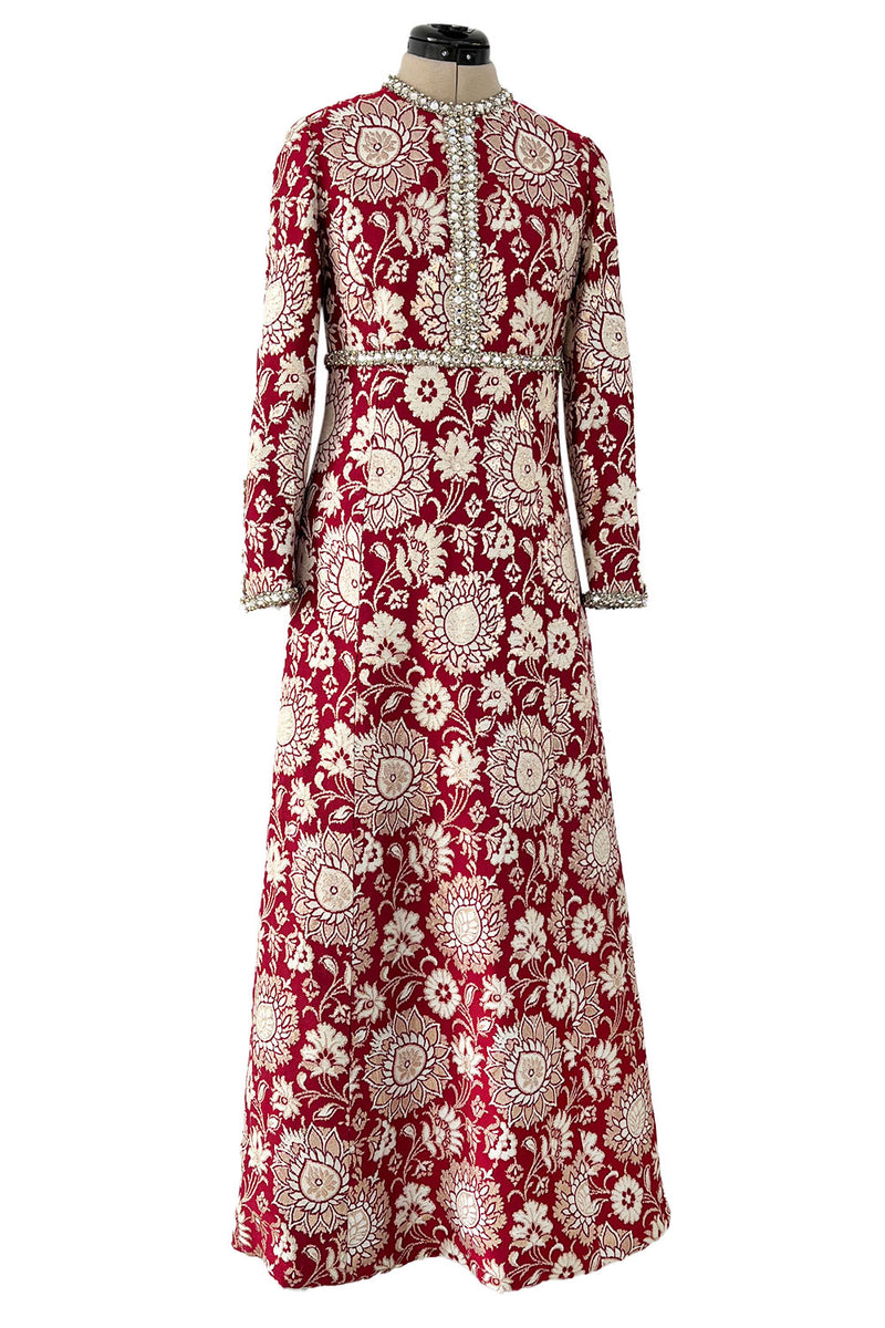Stunning 1970s Adele Simpson Red & Gold Brocade Dress w Rhinestone Detailing