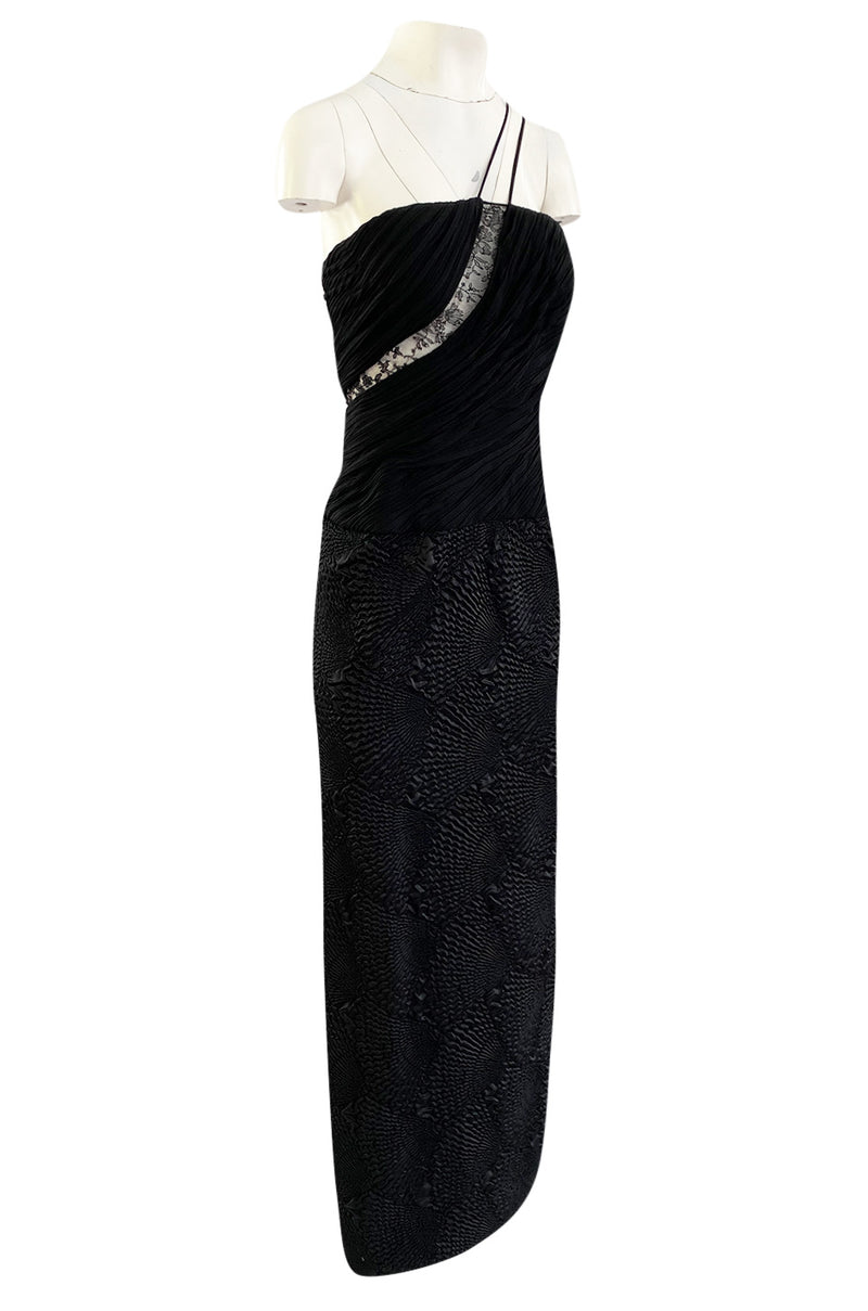 1970s James Galanos Couture Textured Puff Silk One Shoulder Dress w Transparent Lace Inset