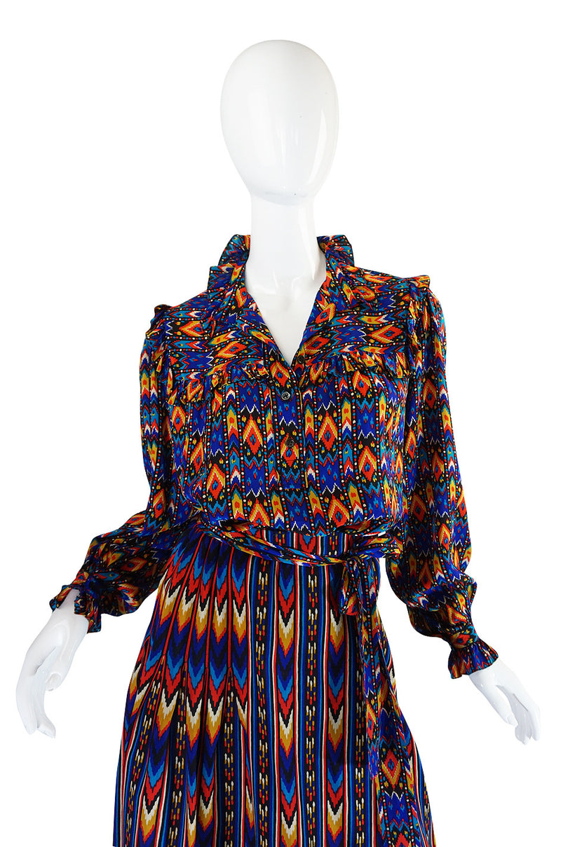 1970s Yves Saint Laurent Ikat Print Silk Skirt & Top