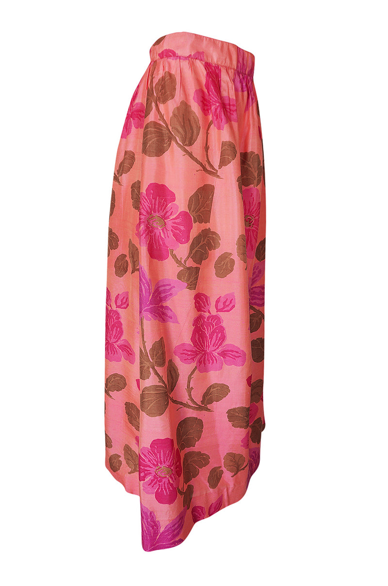 1960s Unlabeled Pink Exotic Floral Print Thai Silk Skirt
