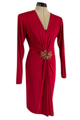 Iconic Fall 1985 Yves Saint Laurent Ad Campaign Red Plunge Dress w Jewel Clasp