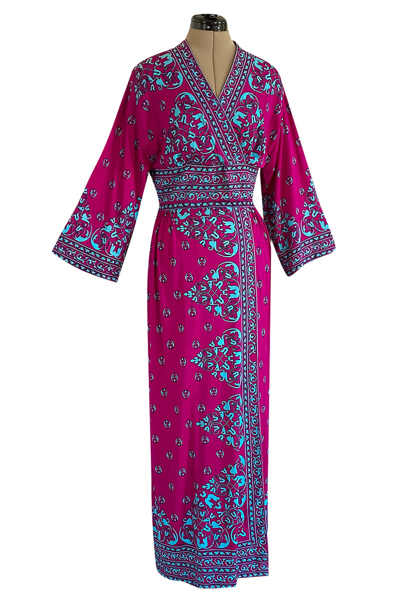 1970s Maurice Bright Fuchsia Pink & Brilliant Turquoise Print Jersey Dress