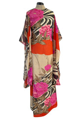 1960s Hanae Mori Couture Long Open Kimono Sleeve Pink Floral Print Cotton Caftan Dress