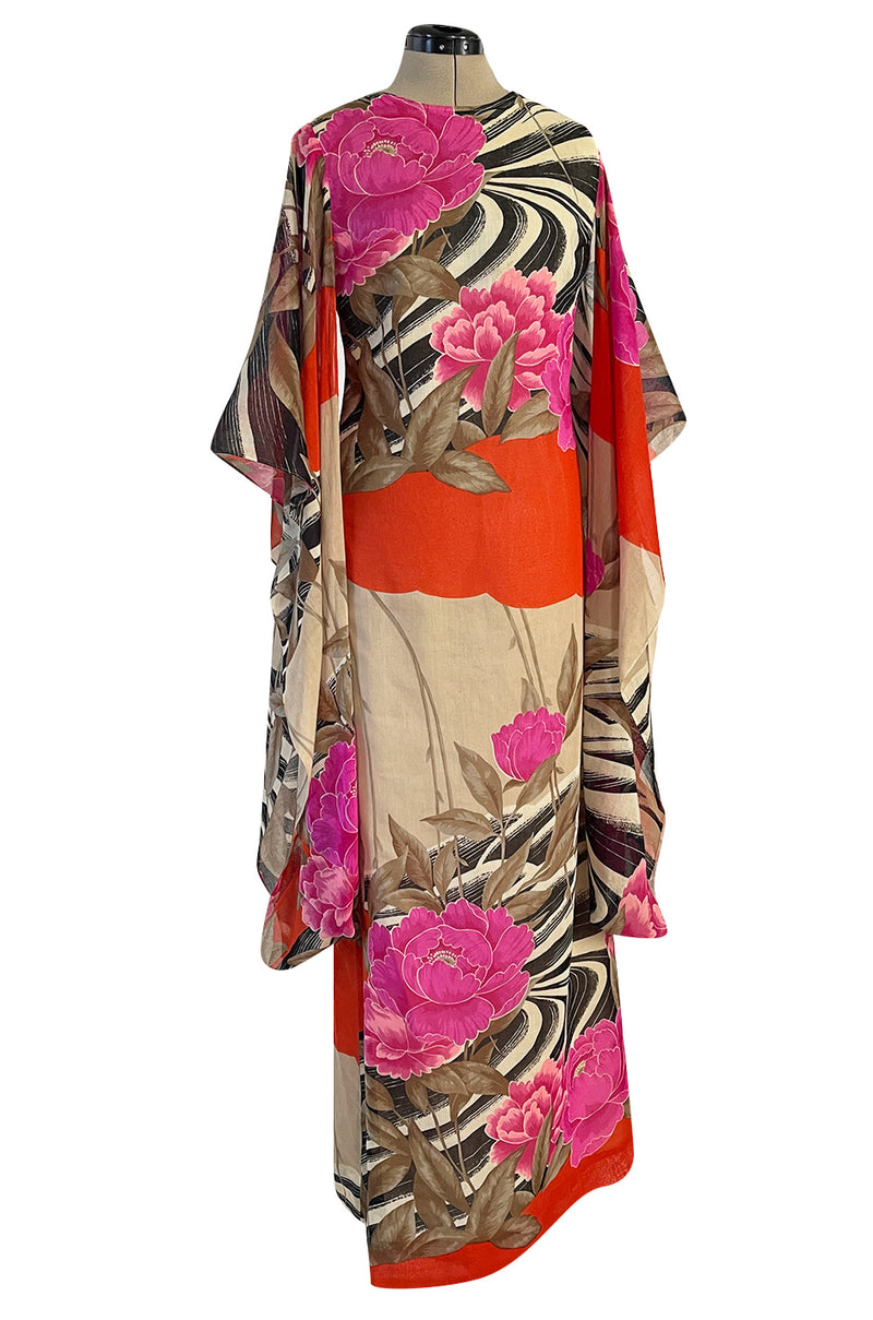 1960s Hanae Mori Couture Long Open Kimono Sleeve Pink Floral Print Cotton Caftan Dress