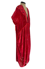 Rare 1977 Thea Porter Couture Documented Cherry Red Fused Velvet Open Front Abaya Caftan