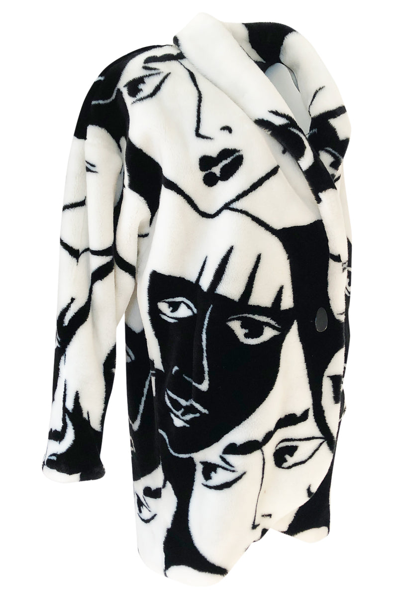 1980s Donnybrook Graphic Black & White Face Print Faux Fur