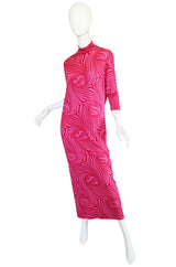 1970s Pink Print Silk Jersey La Mendola Maxi Dress