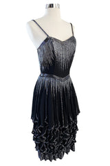 Late 1970s Oleg Cassini Extensively Beaded & Panelled Skirt Black Silk Chiffon Dress