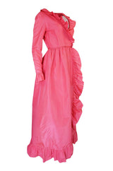 1970s Mollie Parnis Pink Silk Taffeta Dress w Ruffle Detailing