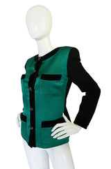 1980s Chanel Emerald Green Silk Satin Front Black Jacket