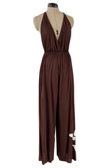 Gorgeous 1980s Genny Brown Jersey Backless Jumpsuit w Wide Legs & Floral Applique