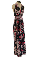 1960s Emilio Pucci Pink & Black Floral Printed Silk Jersey Halter Dress w Open Back