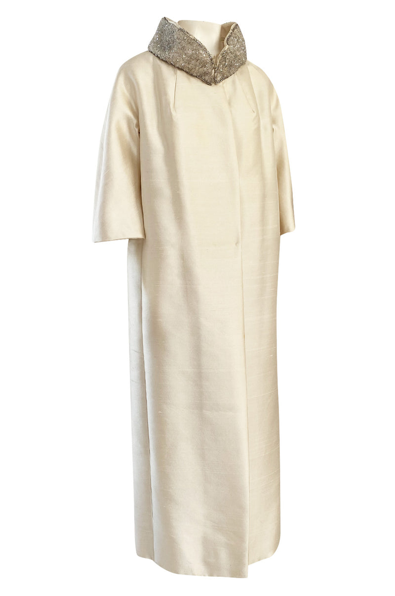 1960s Lillie Rubin Ivory Silk Coat Evening or Opera Coat w Silver Beaded Collar