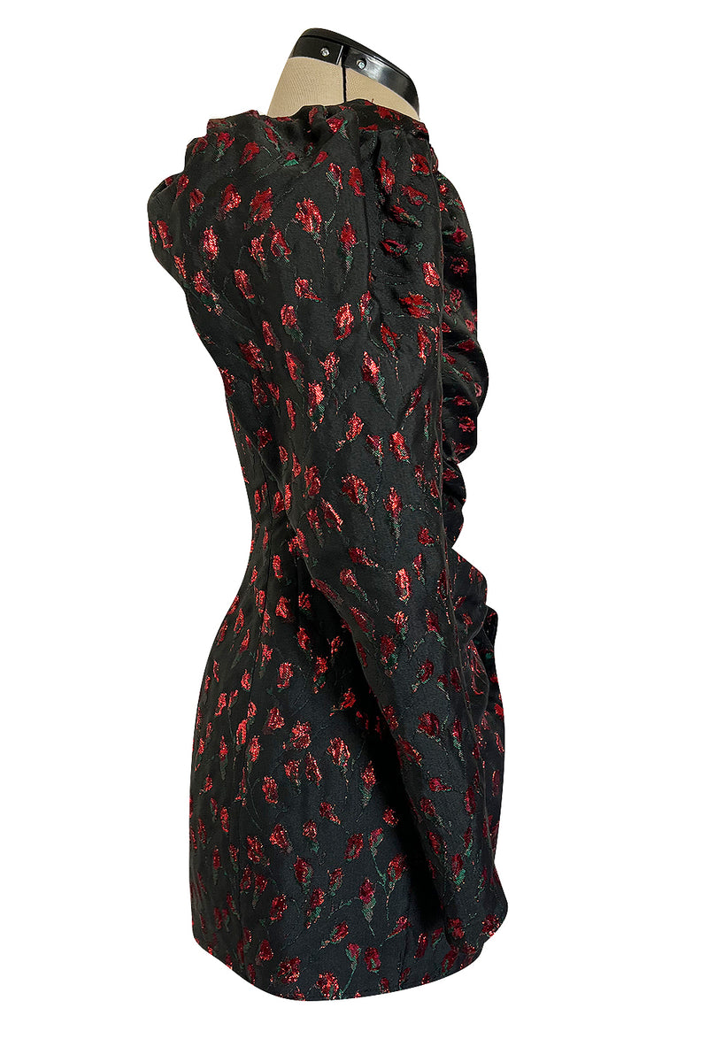 2019 Attico Micro Mini Red Metallic Rose Print Wrap Dress w Pouf Sleeves