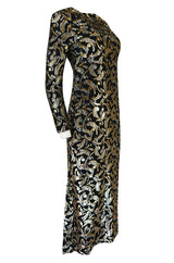 1970s Galanos Metallic Silver & Gold Lurex on Black Silk Dress