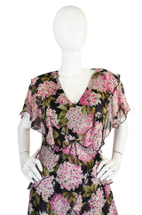 1970s Pink Floral Holly Harp Tiered Silk Dress