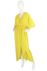 1970s Backless Yellow Wrap Halston Maxi Dress