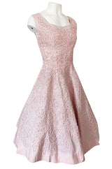 1950s Adele Simpson Pink Cotton Dress w Hand Applique Cording Detail